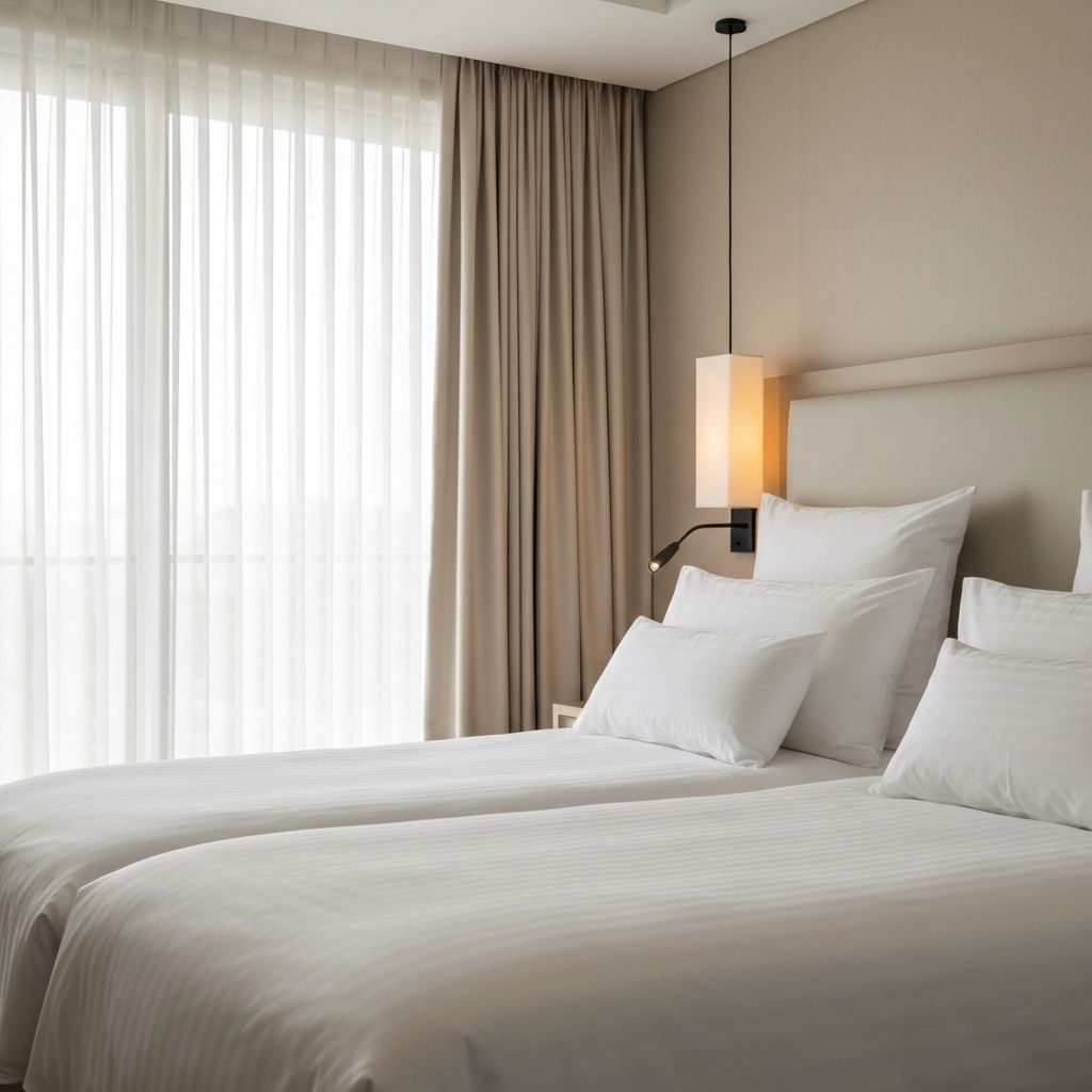 Luxury hotel bedroom with pristine white linen bedding